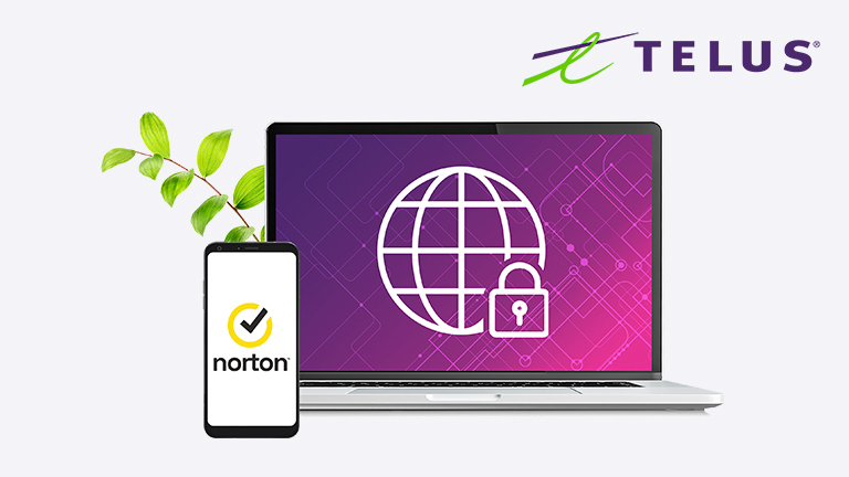 Protection numérique de TELUS optimisée par Norton montrant un téléphone et un ordinateur portable