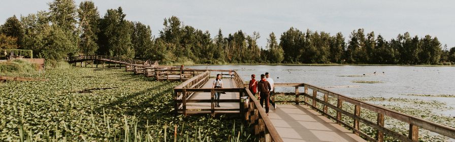 Photo credit: Tourism Abbotsford - Group walking along a boardwalk through a lake.