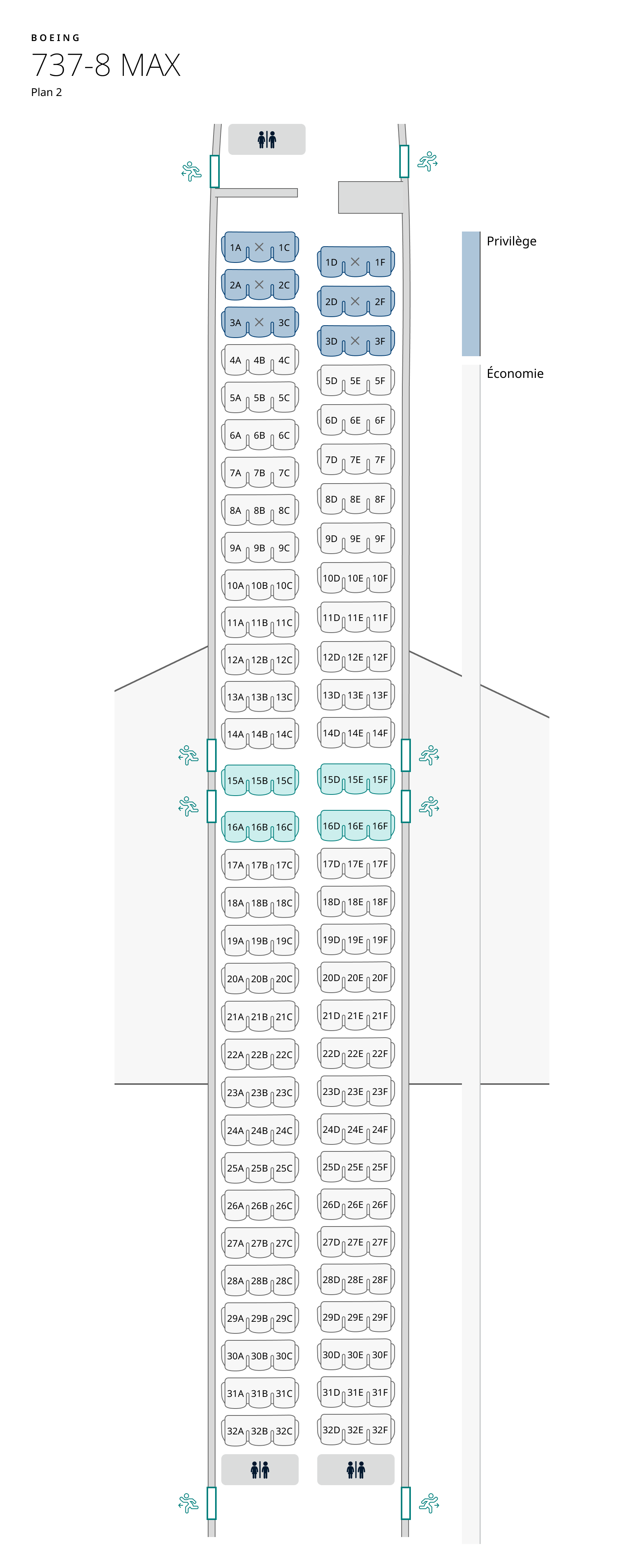 Plan de cabine de l’appareil 737-8 MAX, configuration 2 – Classe Économique seulement. Les renseignements sur les sièges sont disponibles dans le tableau ci-dessous :