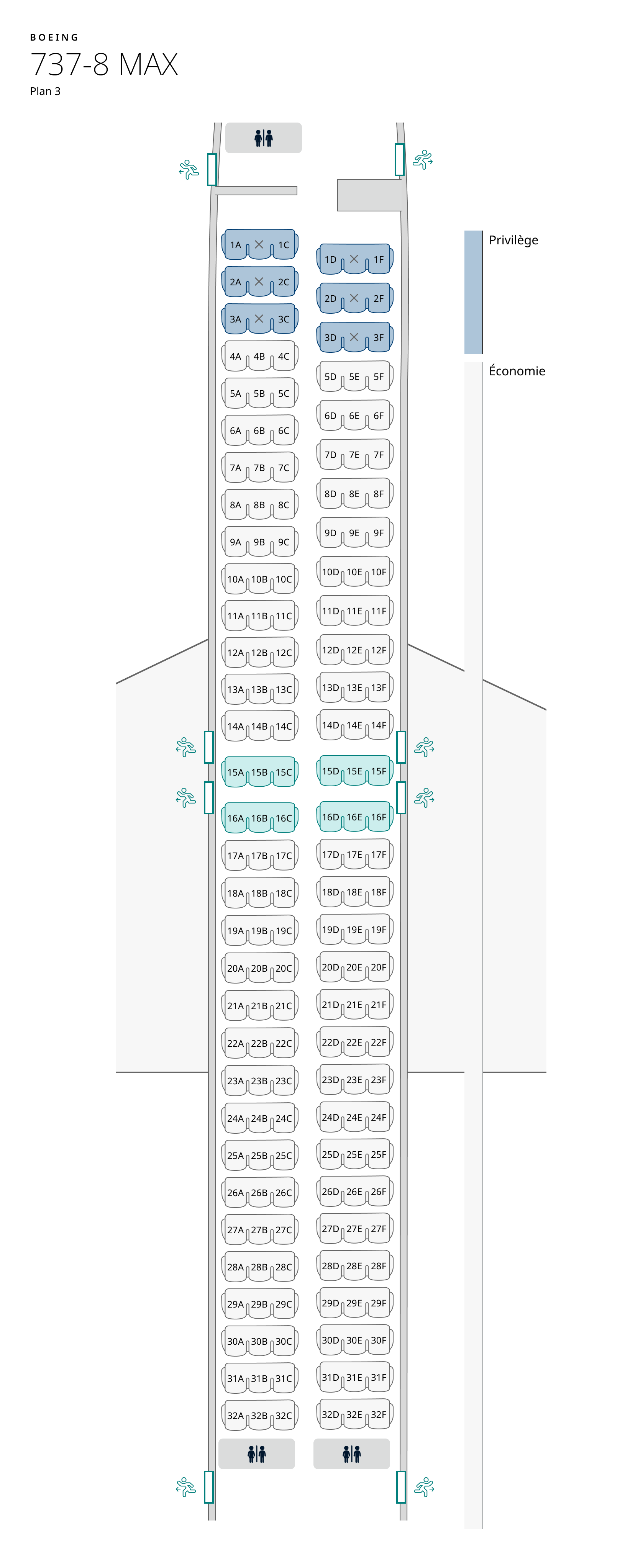 Plan de cabine de l’appareil 737-8 MAX, configuration 3 – Classe Économique seulement. Les renseignements sur les sièges sont disponibles dans le tableau ci-dessous :