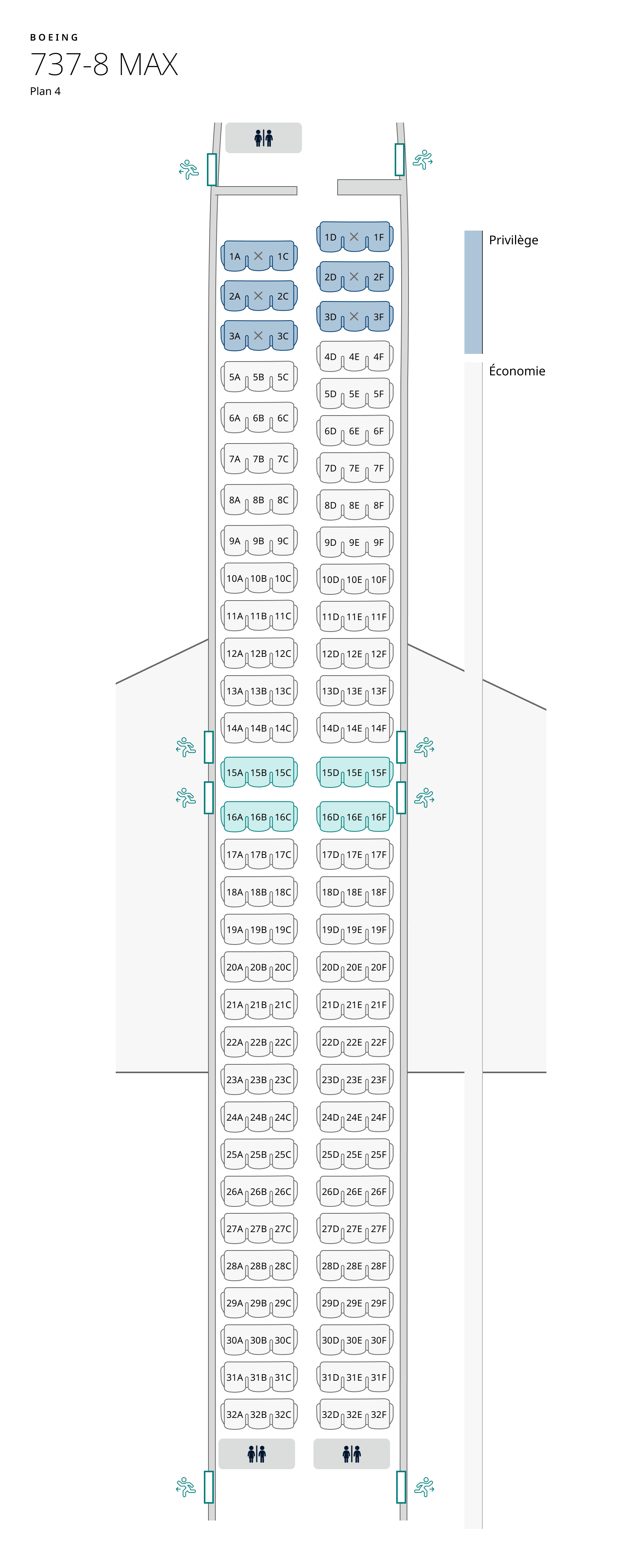 Plan de cabine de l’appareil 737-8 MAX, configuration 4 – Classe Économique seulement. Les renseignements sur les sièges sont disponibles dans le tableau ci-dessous :