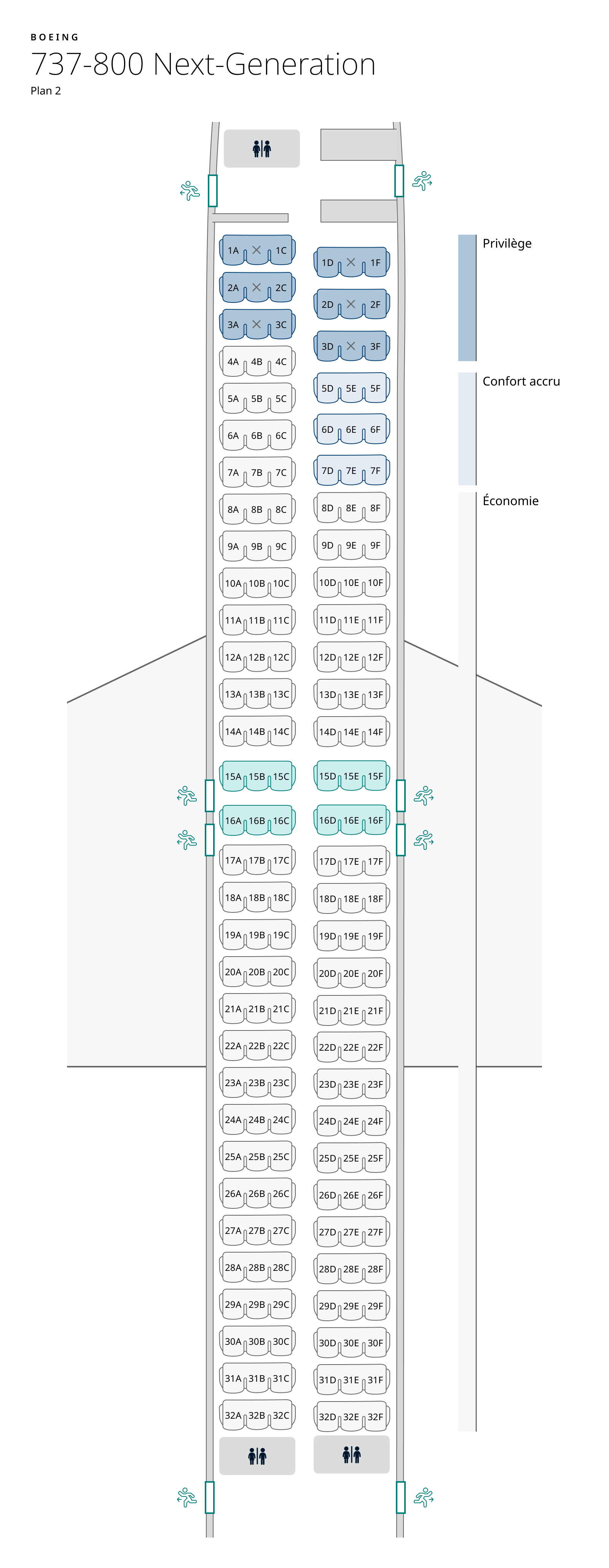 Plan de cabine de l’appareil 737-800, configuration 2 – Classe Économique seulement. Les renseignements sur les sièges sont disponibles dans le tableau ci-dessous :