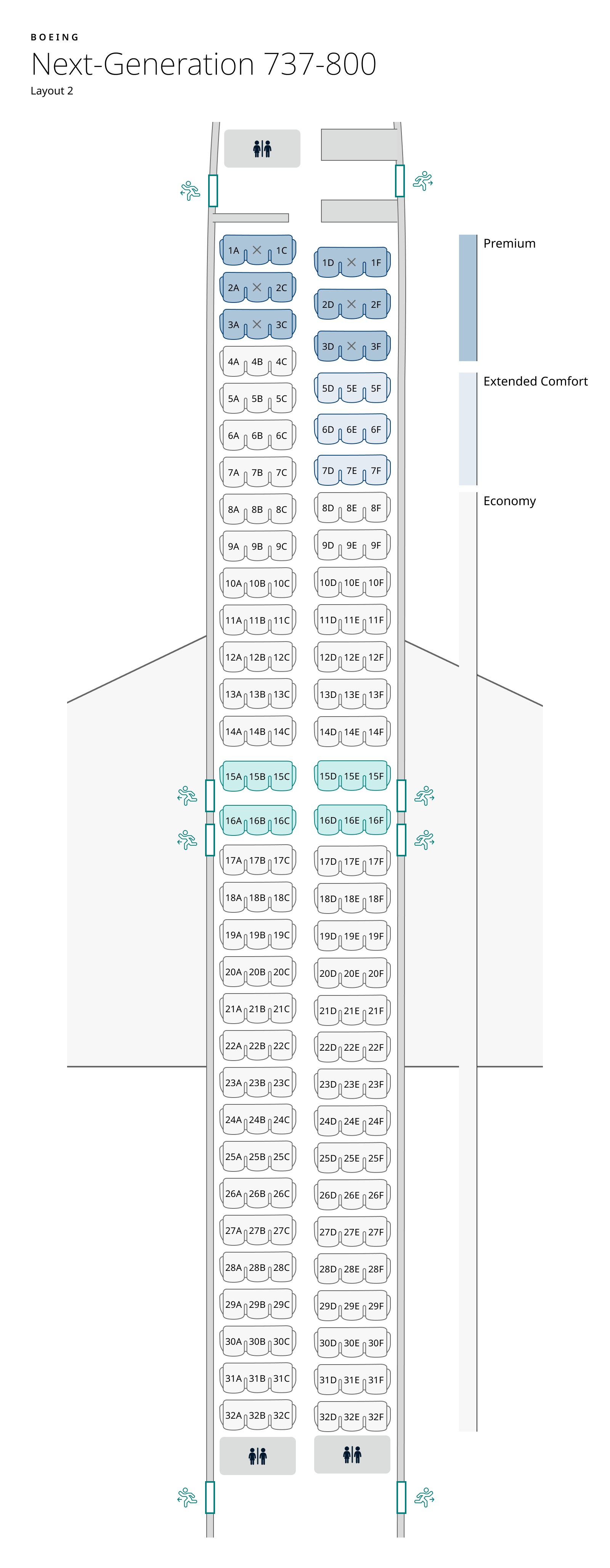 Seat map of 737-800 layout 2. Seat information available in table below