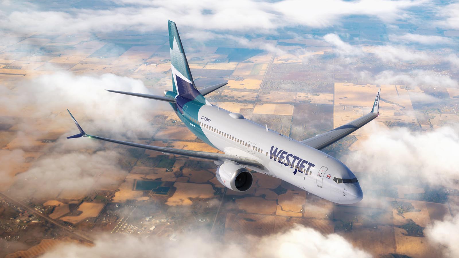 WestJet Boeing 737-8 MAX flying over Canadian prairies