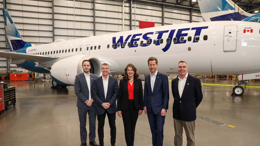 From left: Matt Jones, Minister of Jobs, Economy and Trade, Chris Burley, WestJet Group, Chairman of the Board of Directors, the Honourable Danielle Smith, Premier of Alberta, Alexis von Hoensbroech, WestJet Group, CEO, Scott Wilson, WestJet, Vice-President, Operations. 