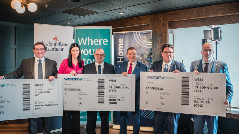 From left: Dennis Hogan, Chief Executive Officer of the St. John’s International Airport Authority, AnnMarie Boudreau, CEO, St. John’s Board of Trade, Craig Foley, CEO, Hospitality Newfoundland and Labrador, The Honourable Dr. Andrew Furey, Premier of Newfoundland and Labrador, Andrew Gibbons, WestJet, Vice-President, External Affairs and Honourable Steve Crocker, Minister of Tourism, Culture, Arts, Recreation